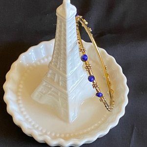 Elegant Gold & Cobalt Blue Beaded Bracelet Thin Bangle